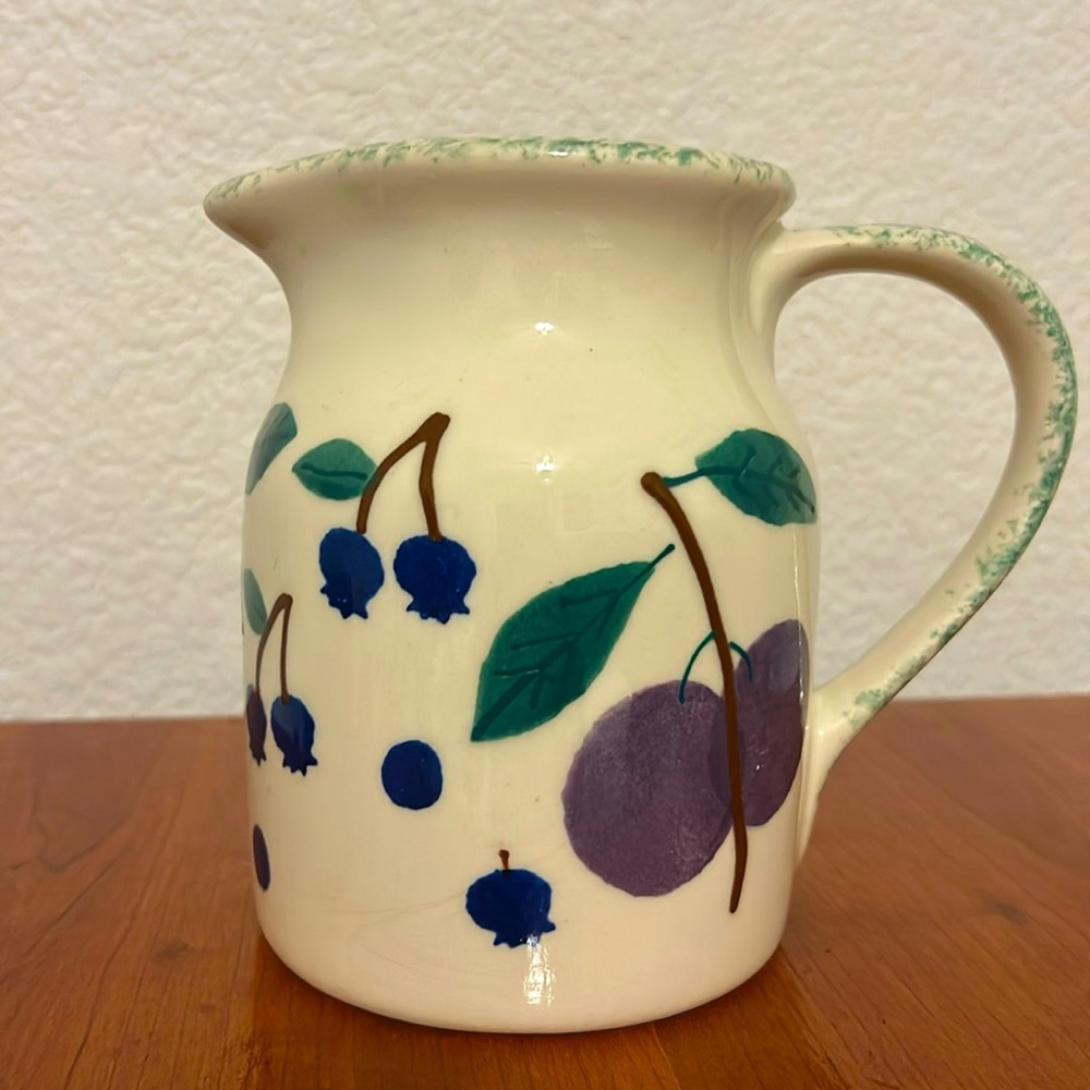 Vintage Hartstone Pottery Glossy Pitcher Fruit Salad Pattern Blue Stippled Rim